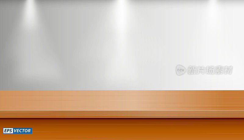 一套现实的空白桌子模拟墙背景或空白书桌与down light或模拟桌子展览概念。每股收益向量